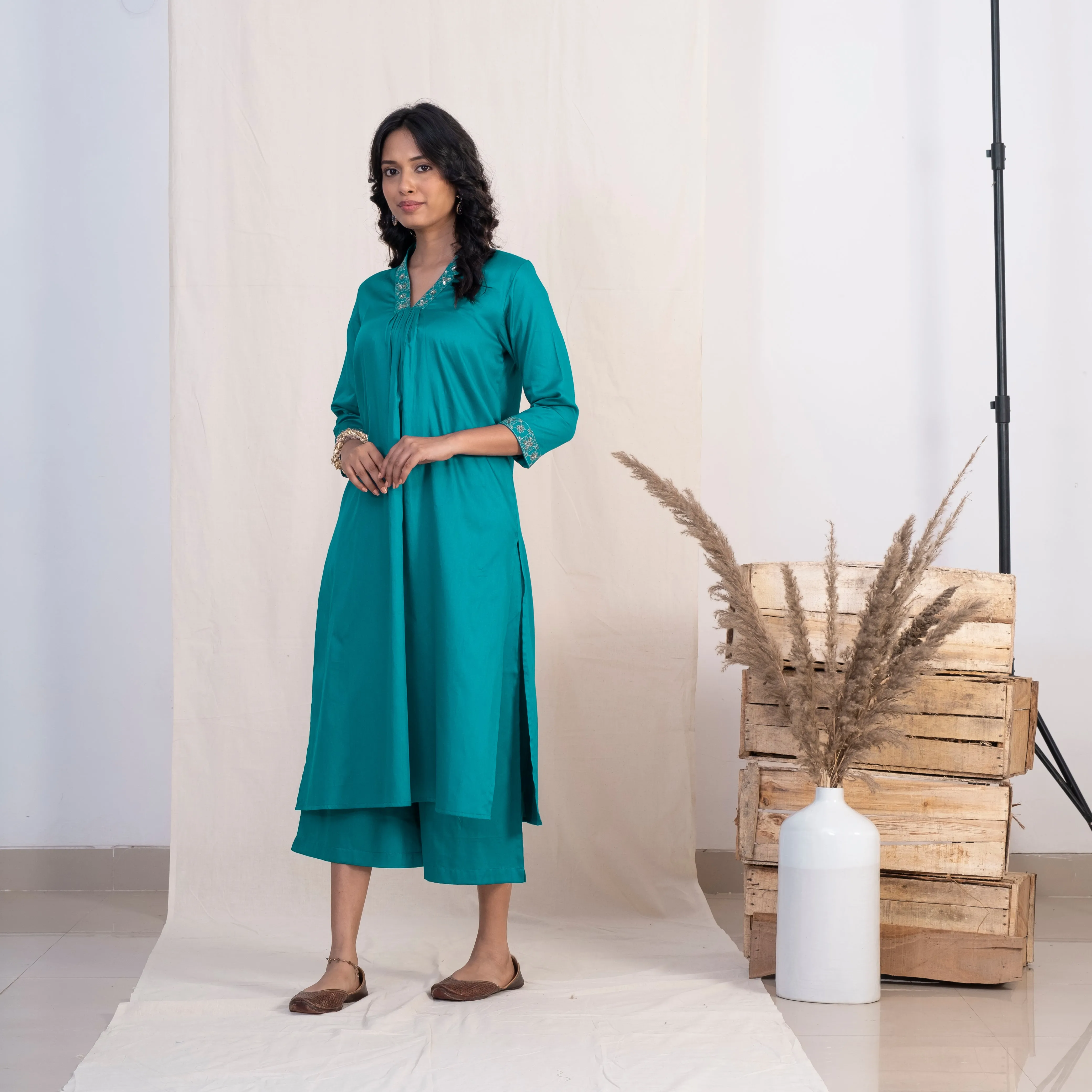 Akiso Blue V Neck Multiple Pleats Kurta With Palazzo (Set of 2)