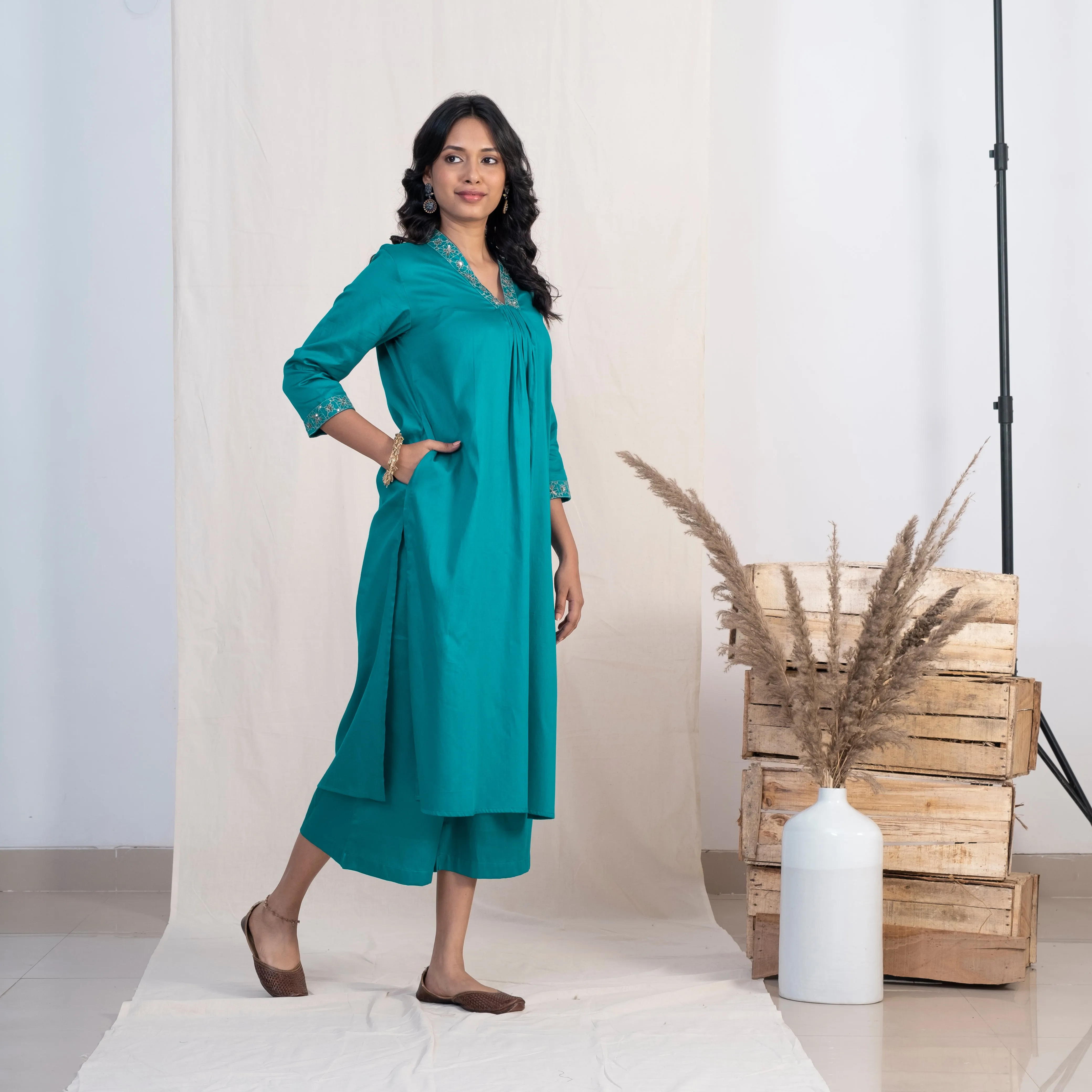 Akiso Blue V Neck Multiple Pleats Kurta With Palazzo (Set of 2)