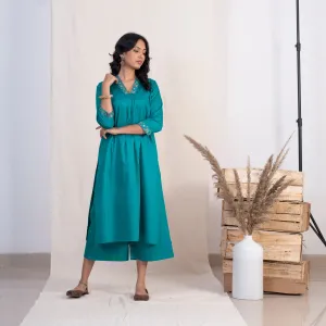 Akiso Blue V Neck Multiple Pleats Kurta With Palazzo (Set of 2)