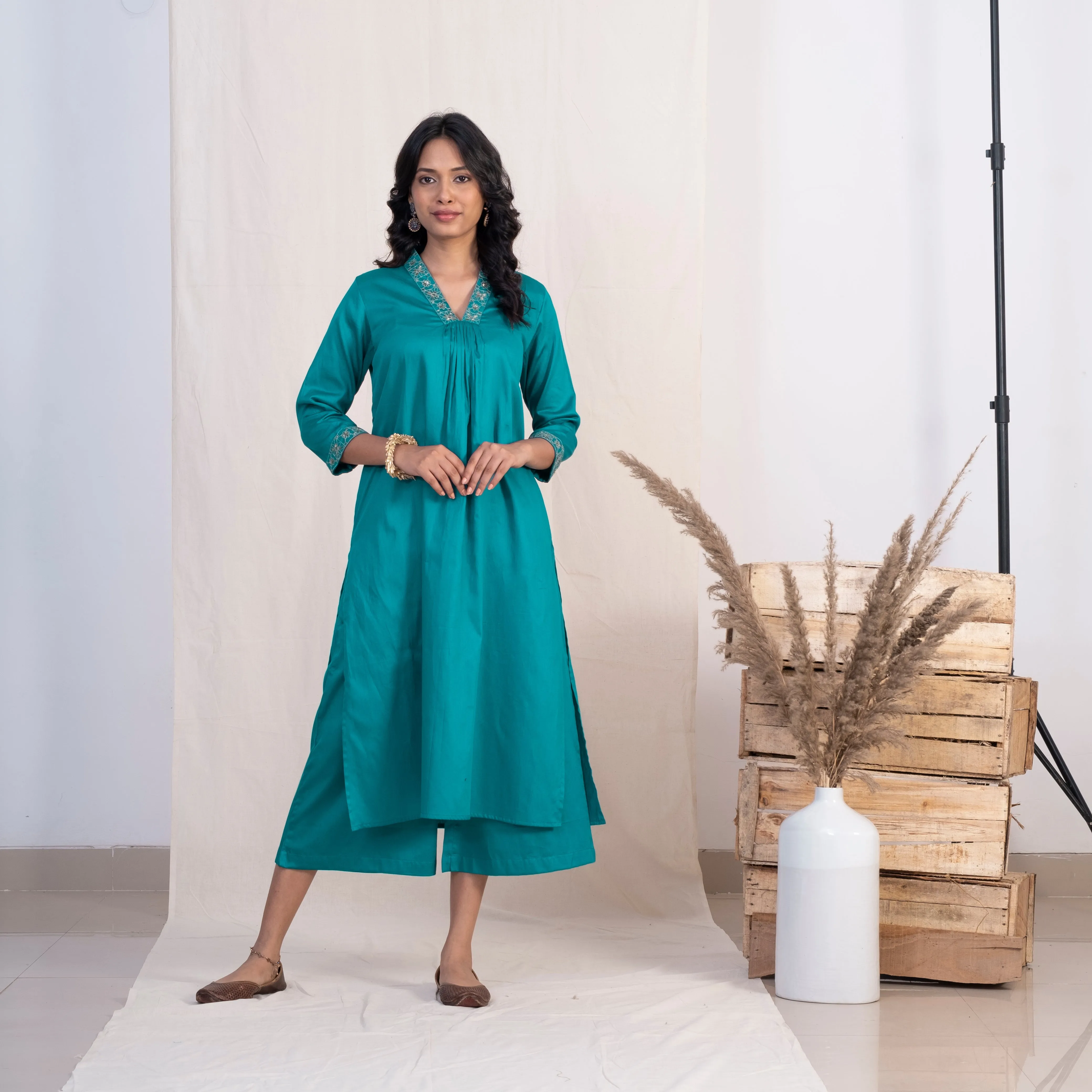 Akiso Blue V Neck Multiple Pleats Kurta With Palazzo (Set of 2)