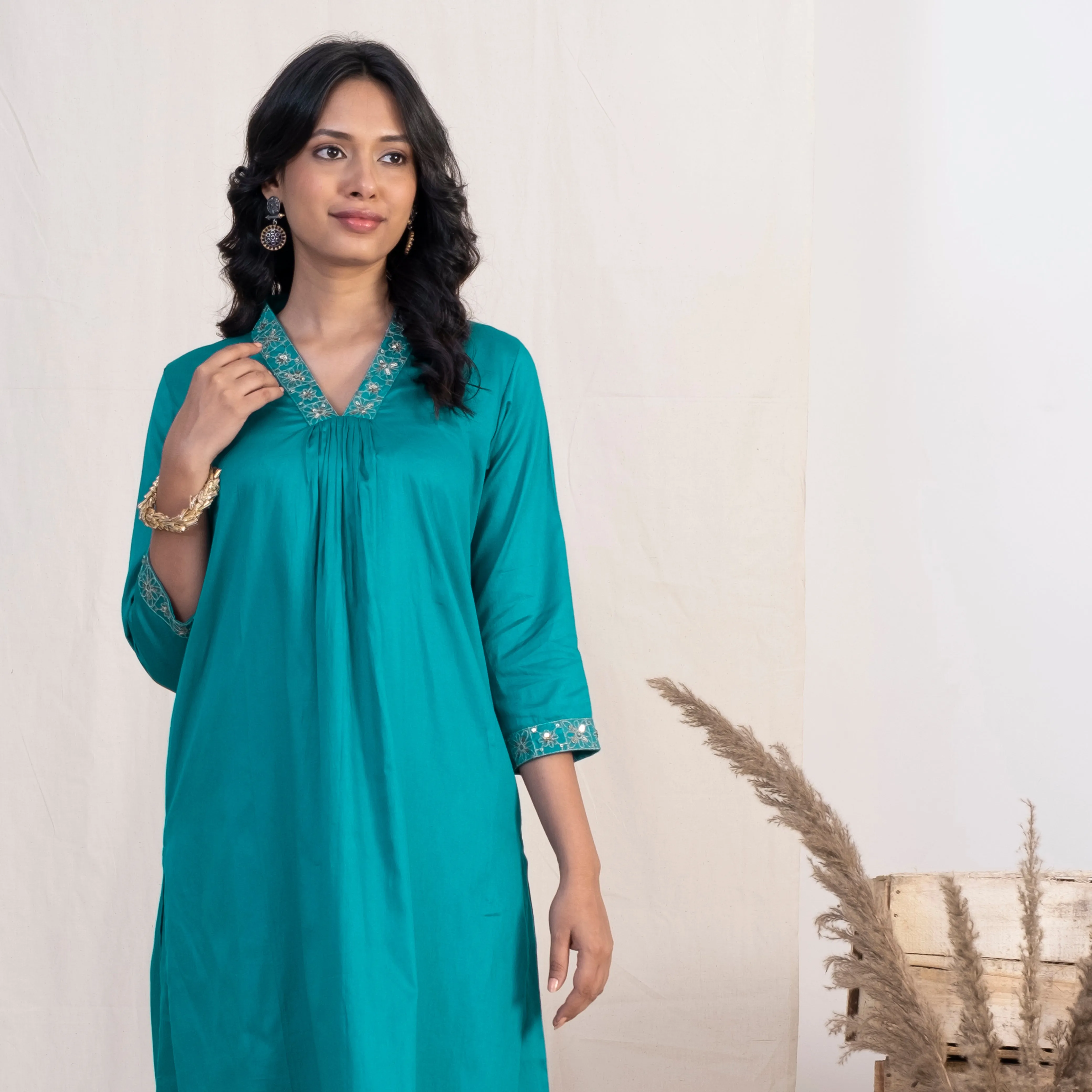 Akiso Blue V Neck Multiple Pleats Kurta With Palazzo (Set of 2)