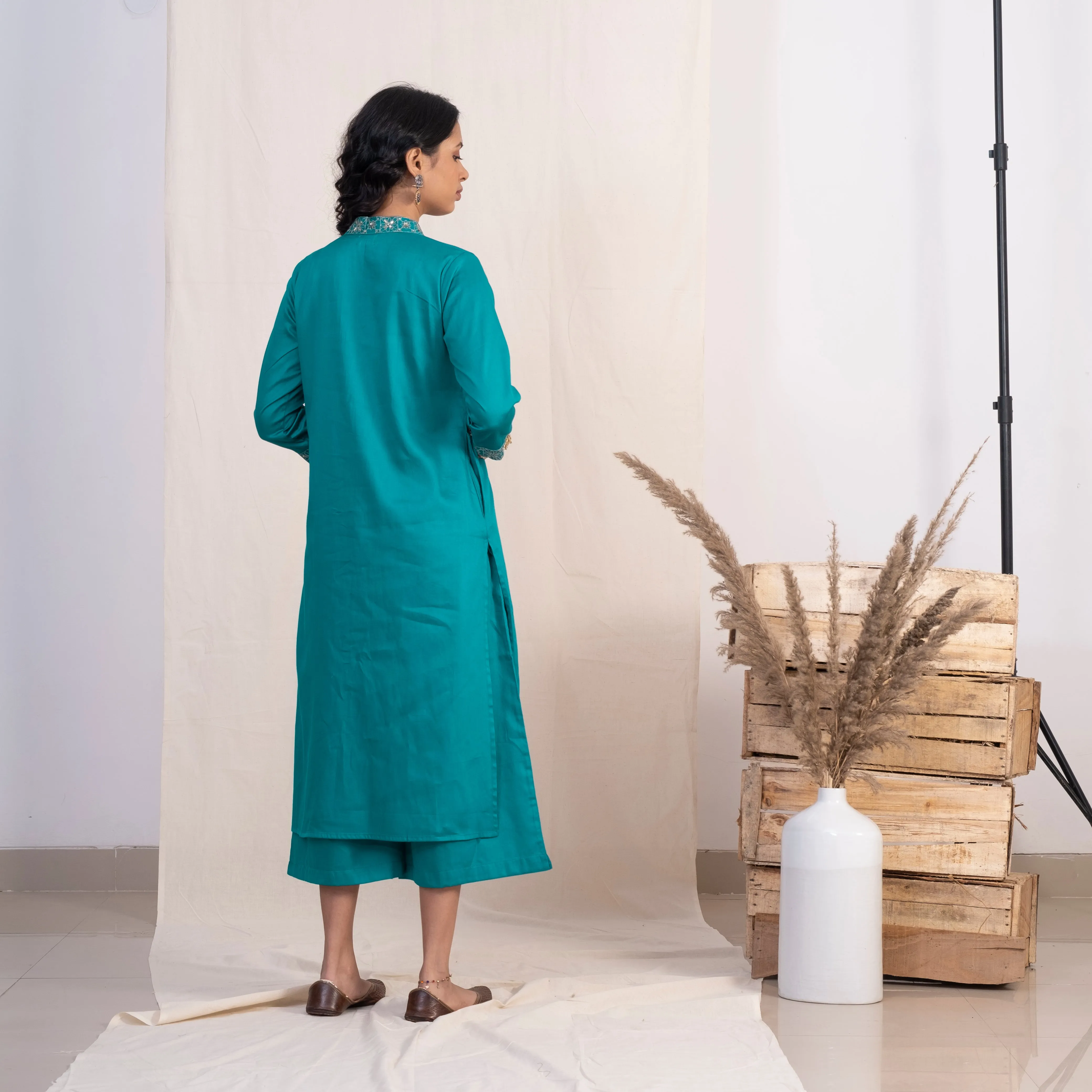 Akiso Blue V Neck Multiple Pleats Kurta With Palazzo (Set of 2)