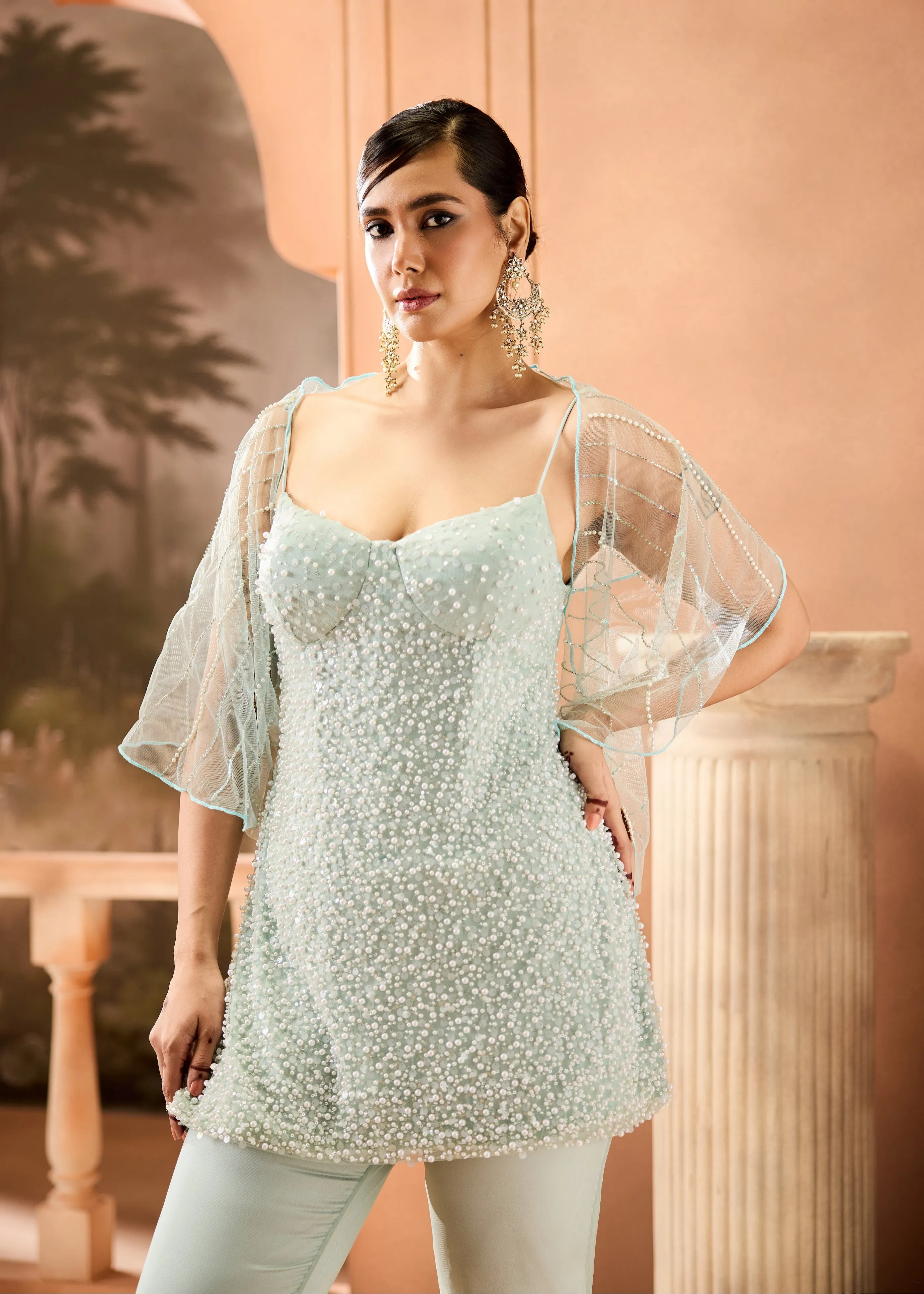Ashlesha Pastel Blue Pearl Embellished Sharara Set