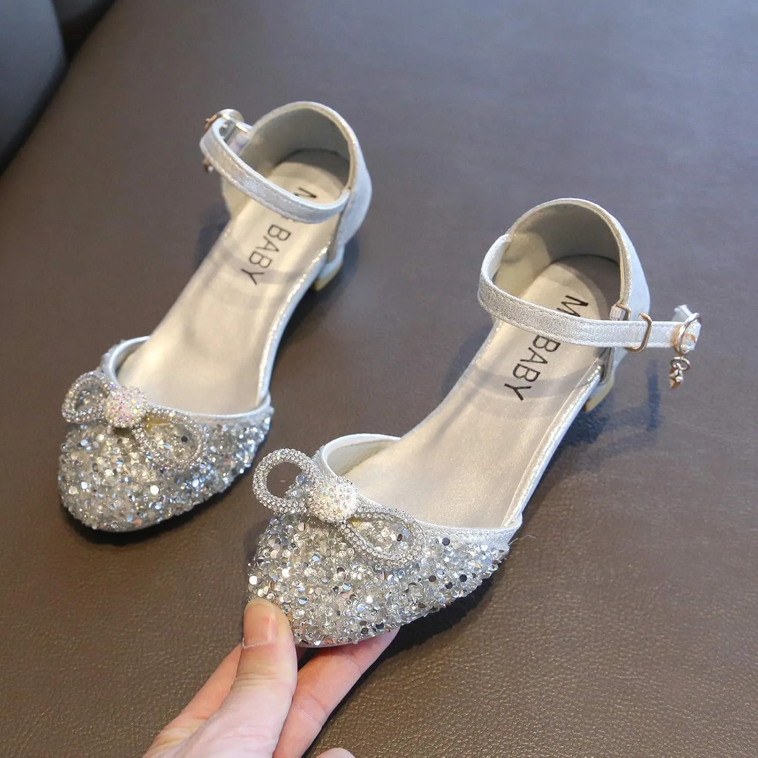 Baby Girl Rhinestone Solid Faux PU Shoe Hook and Loop Bow Embellished Sandals Summer Elegant Princess Thick Heel