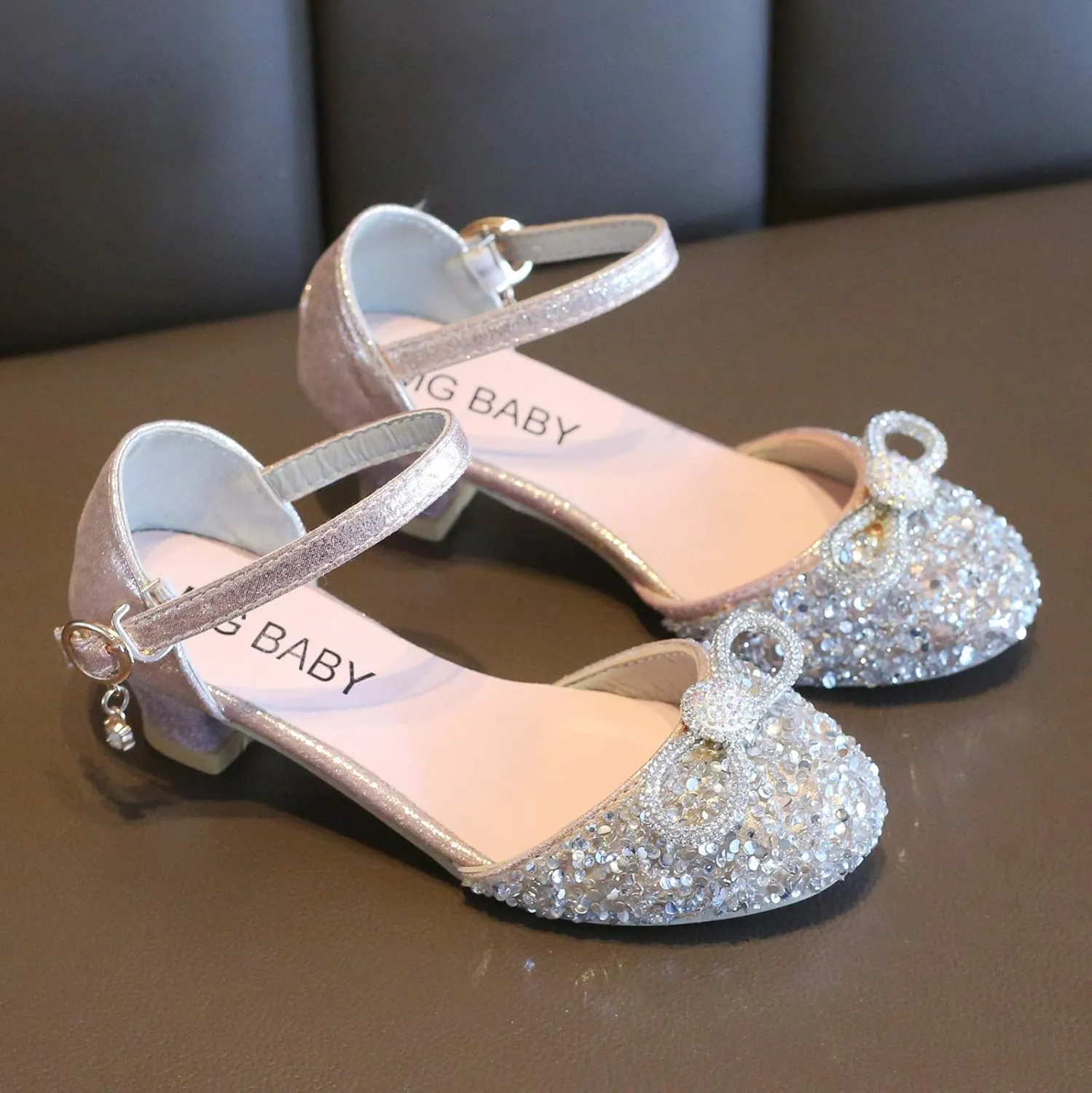 Baby Girl Rhinestone Solid Faux PU Shoe Hook and Loop Bow Embellished Sandals Summer Elegant Princess Thick Heel