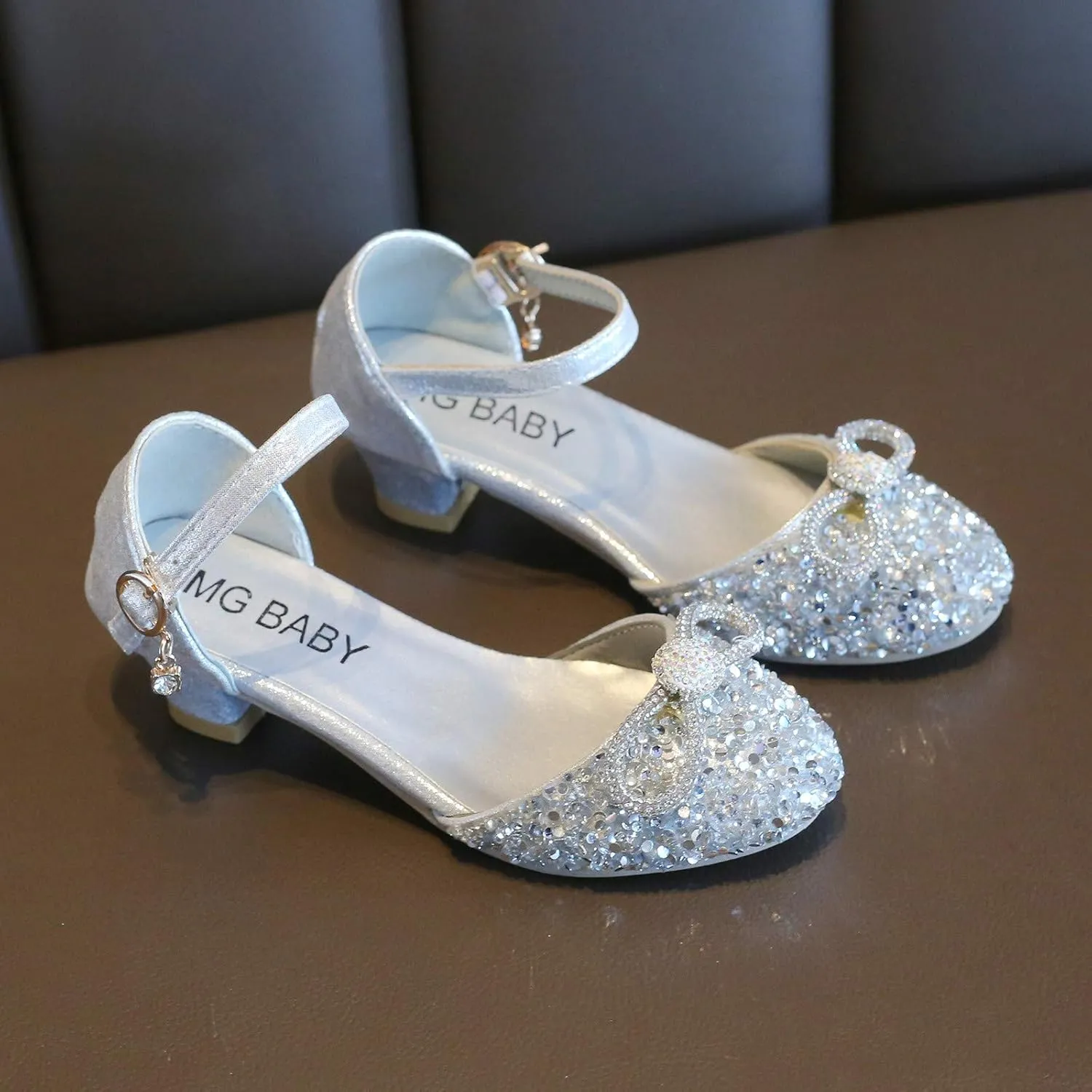 Baby Girl Rhinestone Solid Faux PU Shoe Hook and Loop Bow Embellished Sandals Summer Elegant Princess Thick Heel