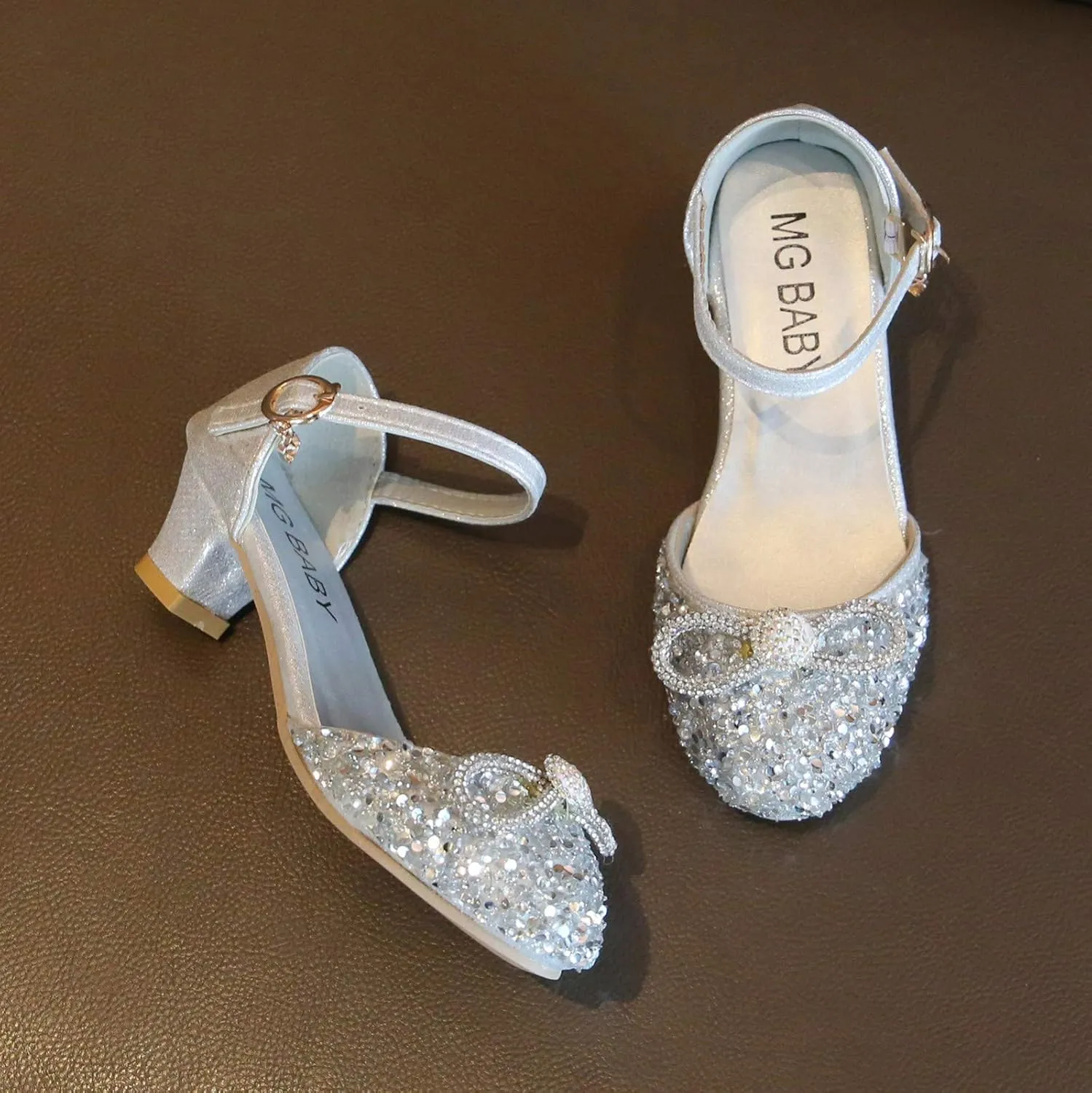 Baby Girl Rhinestone Solid Faux PU Shoe Hook and Loop Bow Embellished Sandals Summer Elegant Princess Thick Heel