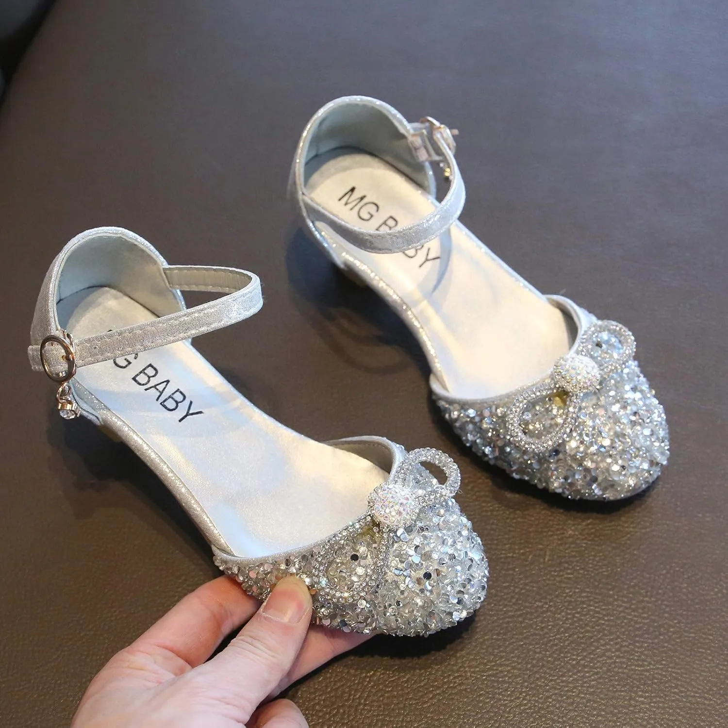 Baby Girl Rhinestone Solid Faux PU Shoe Hook and Loop Bow Embellished Sandals Summer Elegant Princess Thick Heel