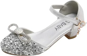 Baby Girl Rhinestone Solid Faux PU Shoe Hook and Loop Bow Embellished Sandals Summer Elegant Princess Thick Heel