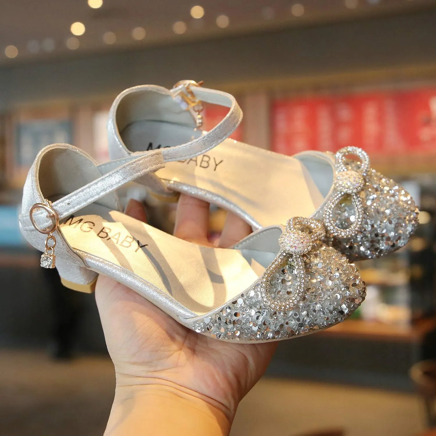 Baby Girl Rhinestone Solid Faux PU Shoe Hook and Loop Bow Embellished Sandals Summer Elegant Princess Thick Heel
