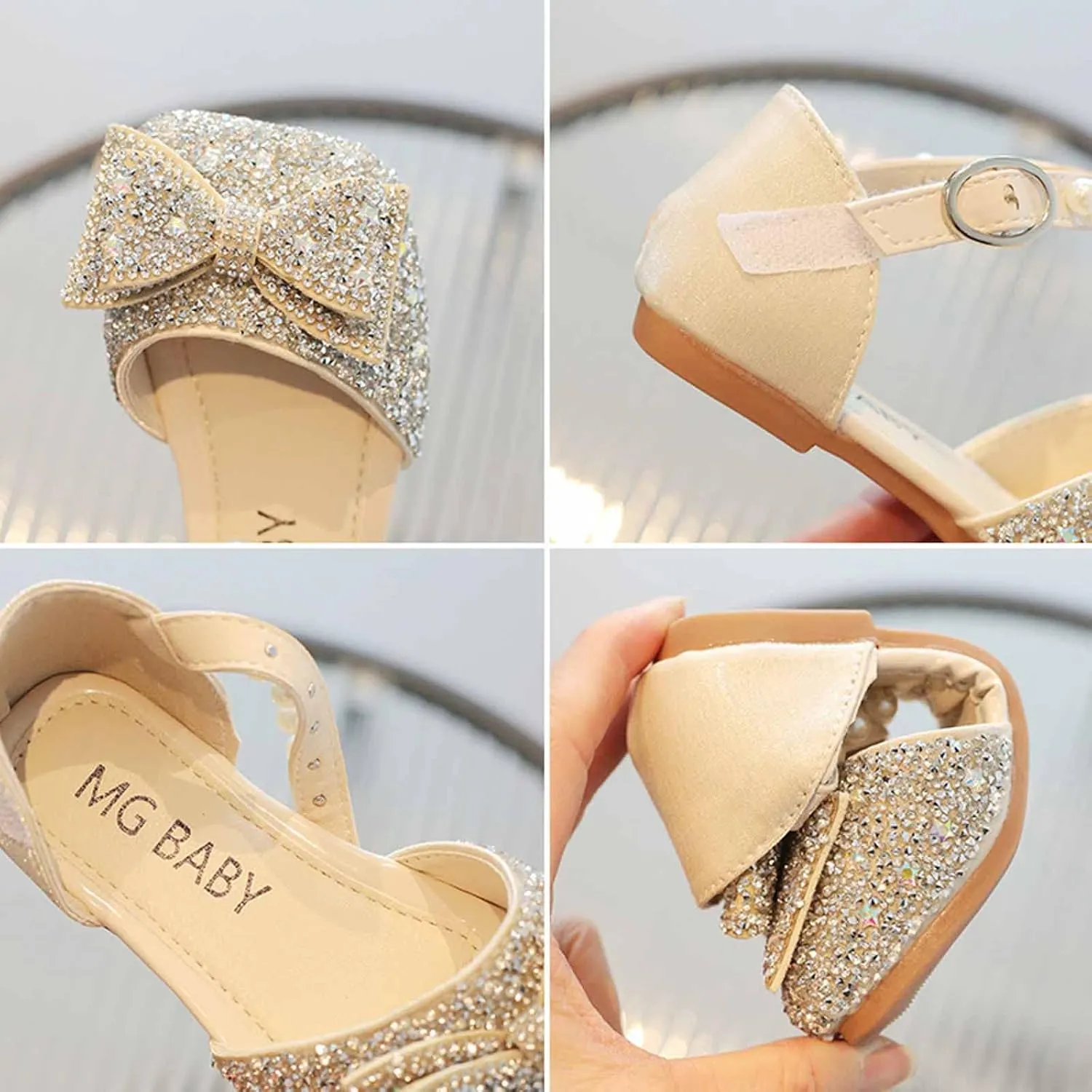 Baby Girl Solid Sequin Bow Elegant Shoe Hook and Loop Splicing Diamonds Sancals Flat Mouth Princess Summer Flats
