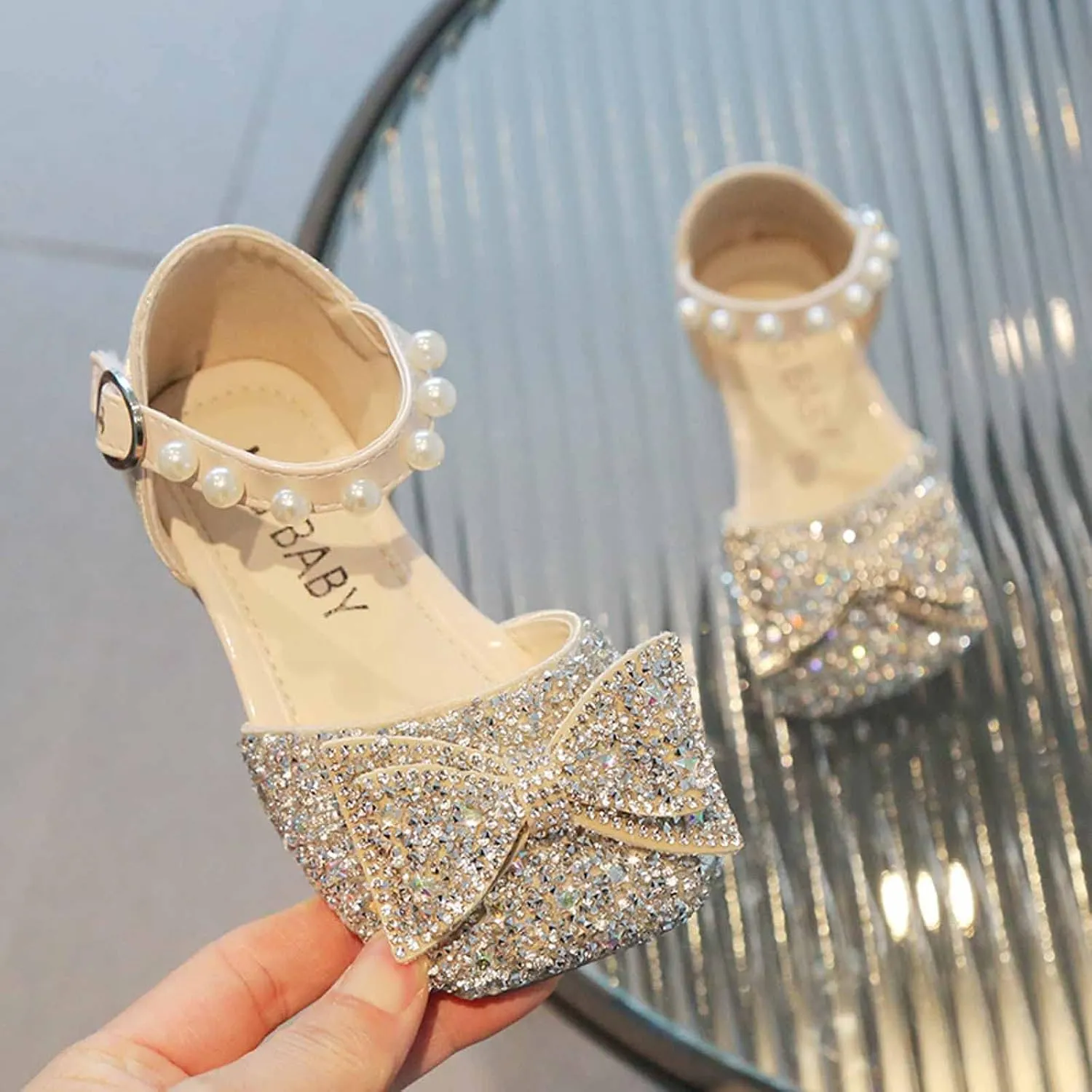 Baby Girl Solid Sequin Bow Elegant Shoe Hook and Loop Splicing Diamonds Sancals Flat Mouth Princess Summer Flats
