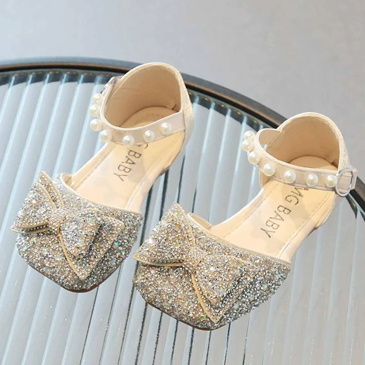 Baby Girl Solid Sequin Bow Elegant Shoe Hook and Loop Splicing Diamonds Sancals Flat Mouth Princess Summer Flats
