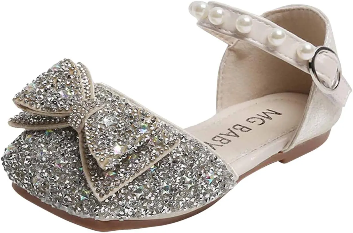Baby Girl Solid Sequin Bow Elegant Shoe Hook and Loop Splicing Diamonds Sancals Flat Mouth Princess Summer Flats
