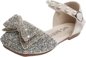 Baby Girl Solid Sequin Bow Elegant Shoe Hook and Loop Splicing Diamonds Sancals Flat Mouth Princess Summer Flats