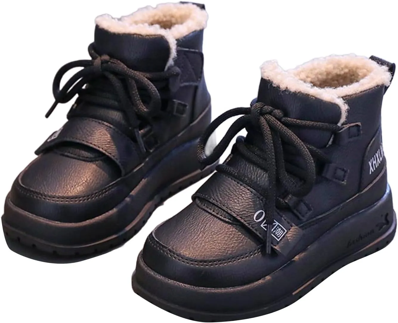 Big Kids Lace-up Platform Warm Fr Lined Snow Boots, Comfortable Thick Sole Water-Proof Winter Hiking Ankle Boots