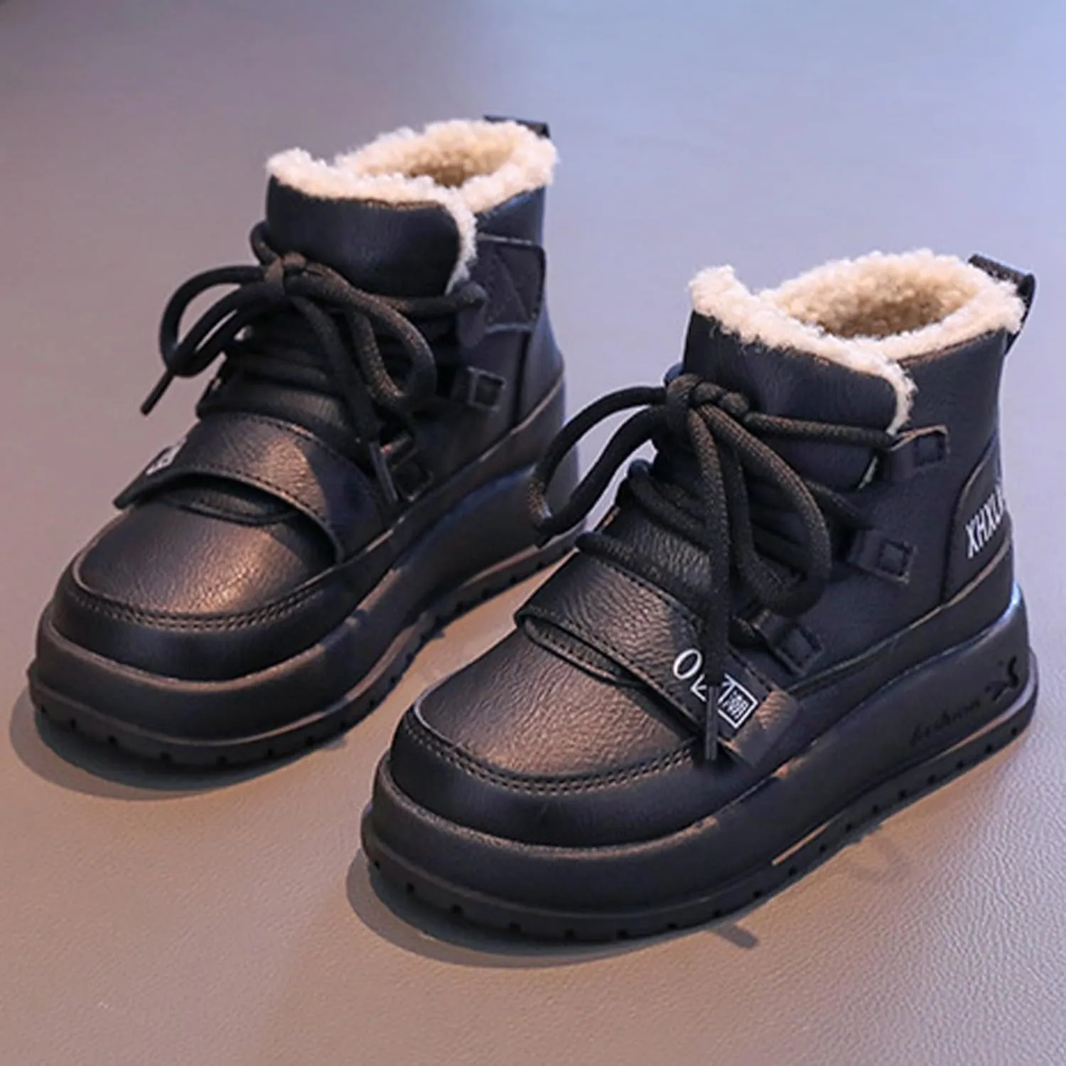 Big Kids Lace-up Platform Warm Fr Lined Snow Boots, Comfortable Thick Sole Water-Proof Winter Hiking Ankle Boots