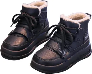 Big Kids Lace-up Platform Warm Fr Lined Snow Boots, Comfortable Thick Sole Water-Proof Winter Hiking Ankle Boots