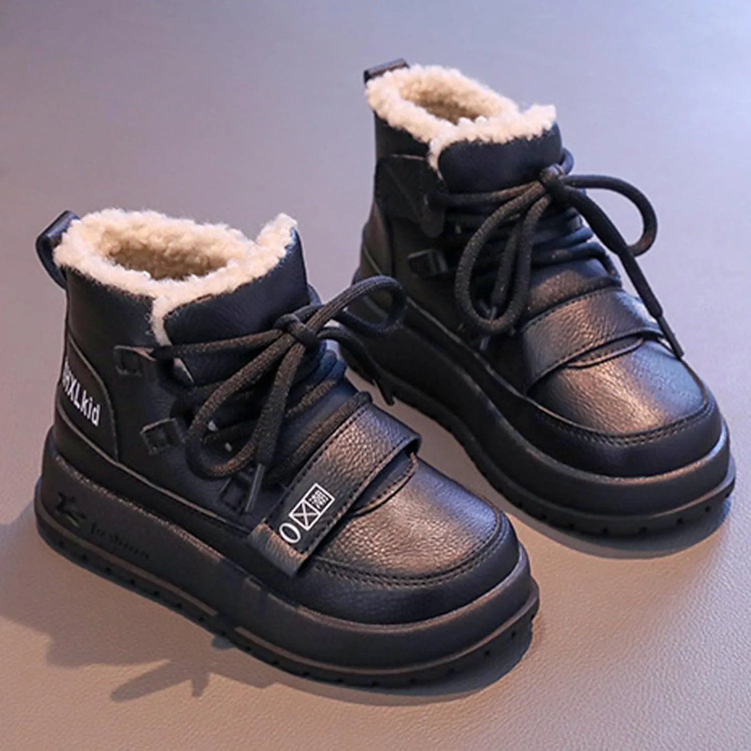 Big Kids Lace-up Platform Warm Fr Lined Snow Boots, Comfortable Thick Sole Water-Proof Winter Hiking Ankle Boots