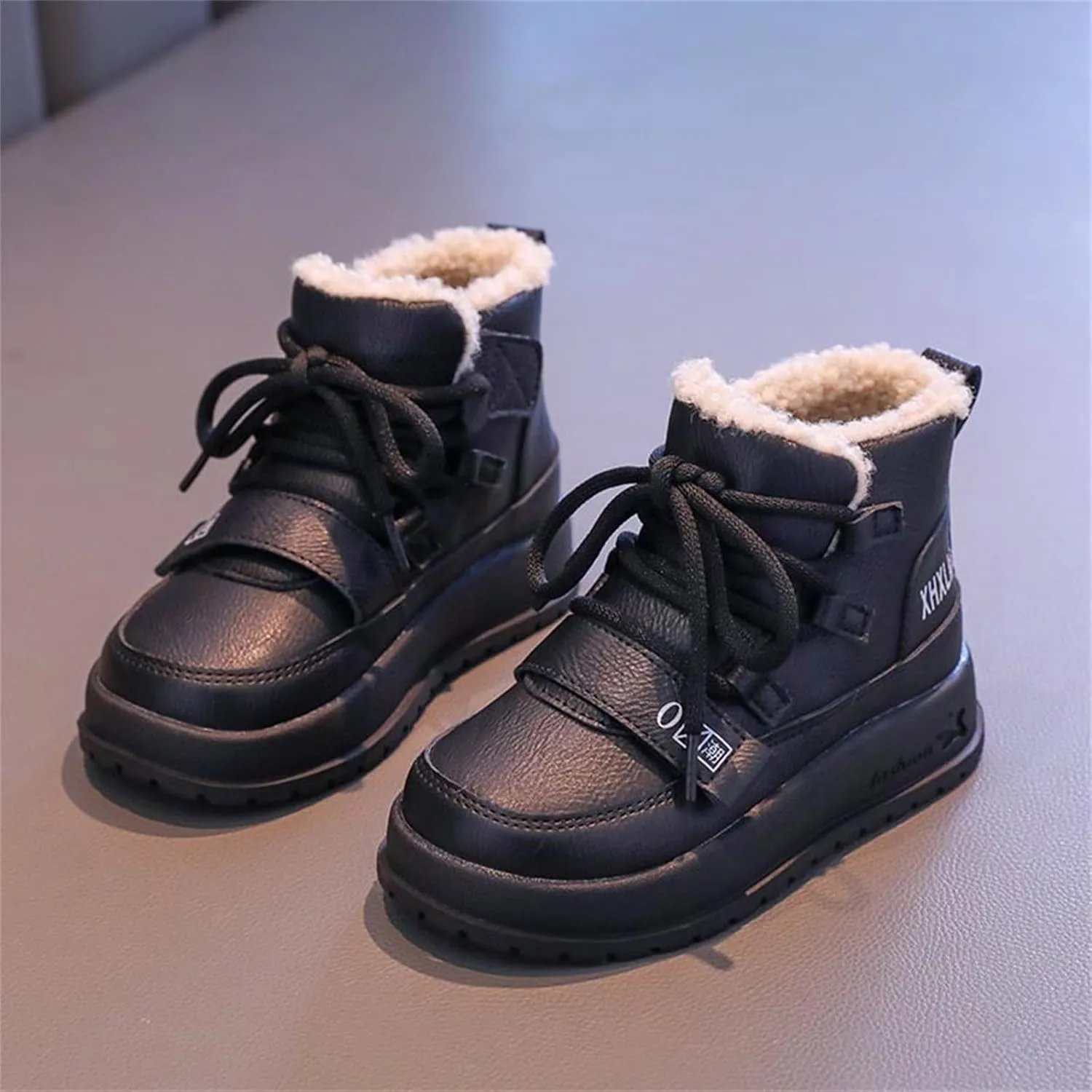 Big Kids Lace-up Platform Warm Fr Lined Snow Boots, Comfortable Thick Sole Water-Proof Winter Hiking Ankle Boots