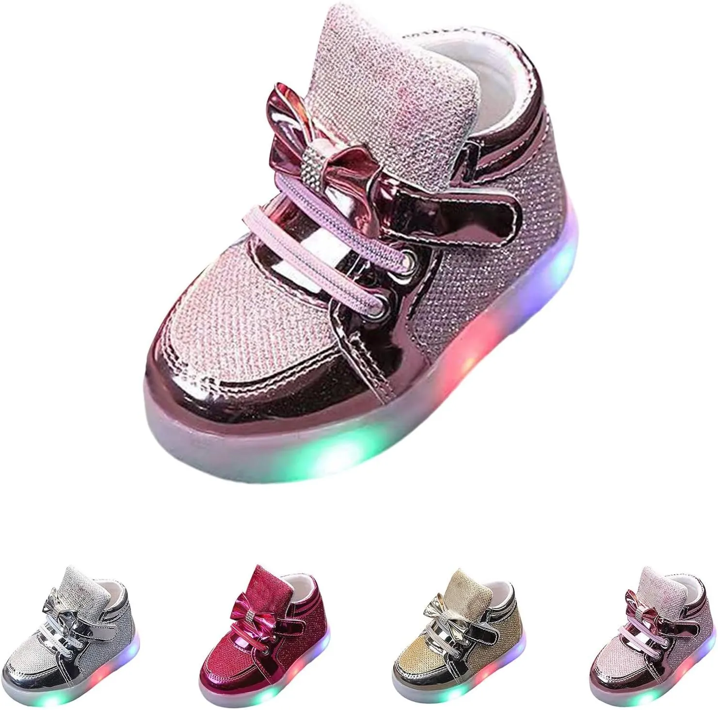 Bow Sequins Glitter Sneakers for Toddler Baby Infant Open Toe Light Up First Walking Shoes Spring Casual Comfy Soft