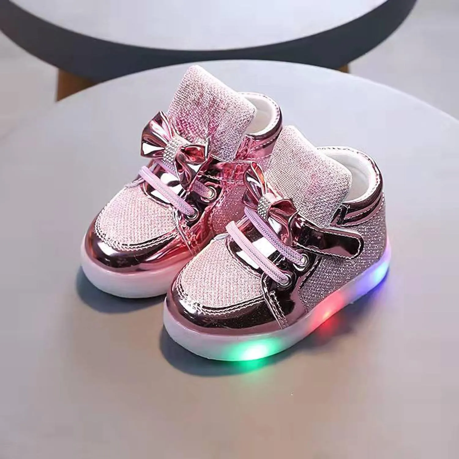 Bow Sequins Glitter Sneakers for Toddler Baby Infant Open Toe Light Up First Walking Shoes Spring Casual Comfy Soft