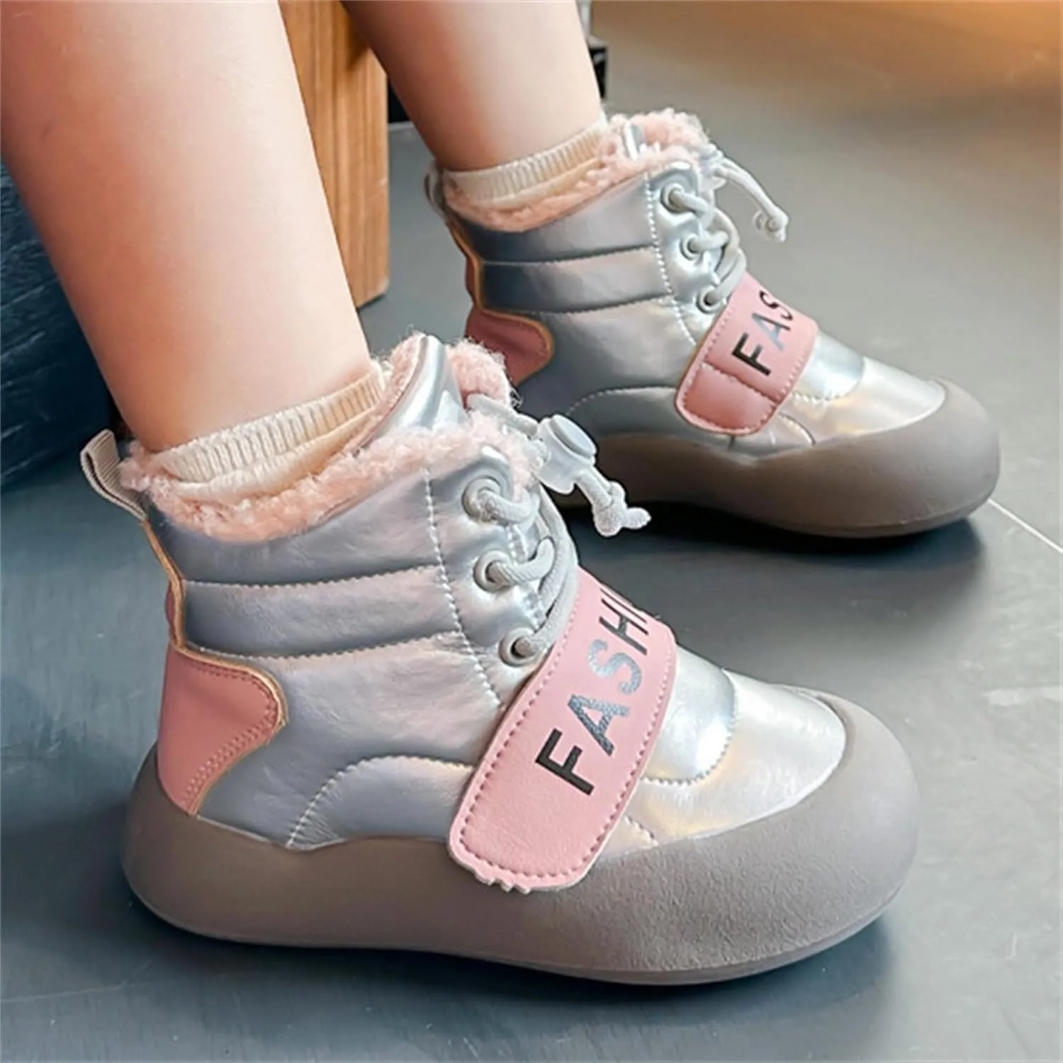 Chunky Sole Fashion Snow Booties For Kids Boys Girls Childrens Cotton Fuzzy Shoes Outdoor Comfy Warm Black Light Boots