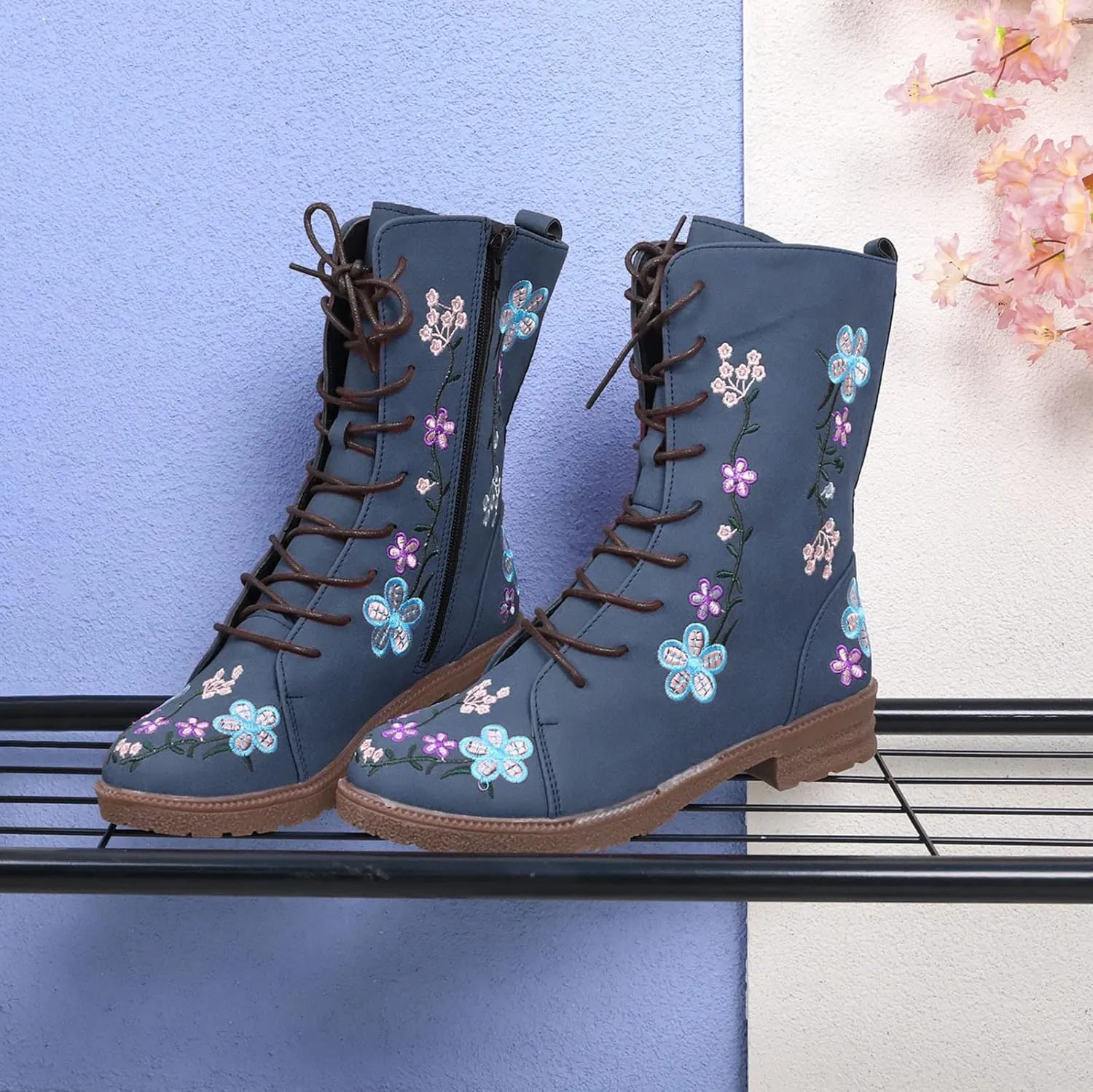 Combat Boots for Women Vintage Flower Design Lace Up Booties Leather Round Toe Side Zip-up Ankle Boots