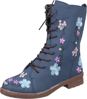 Combat Boots for Women Vintage Flower Design Lace Up Booties Leather Round Toe Side Zip-up Ankle Boots