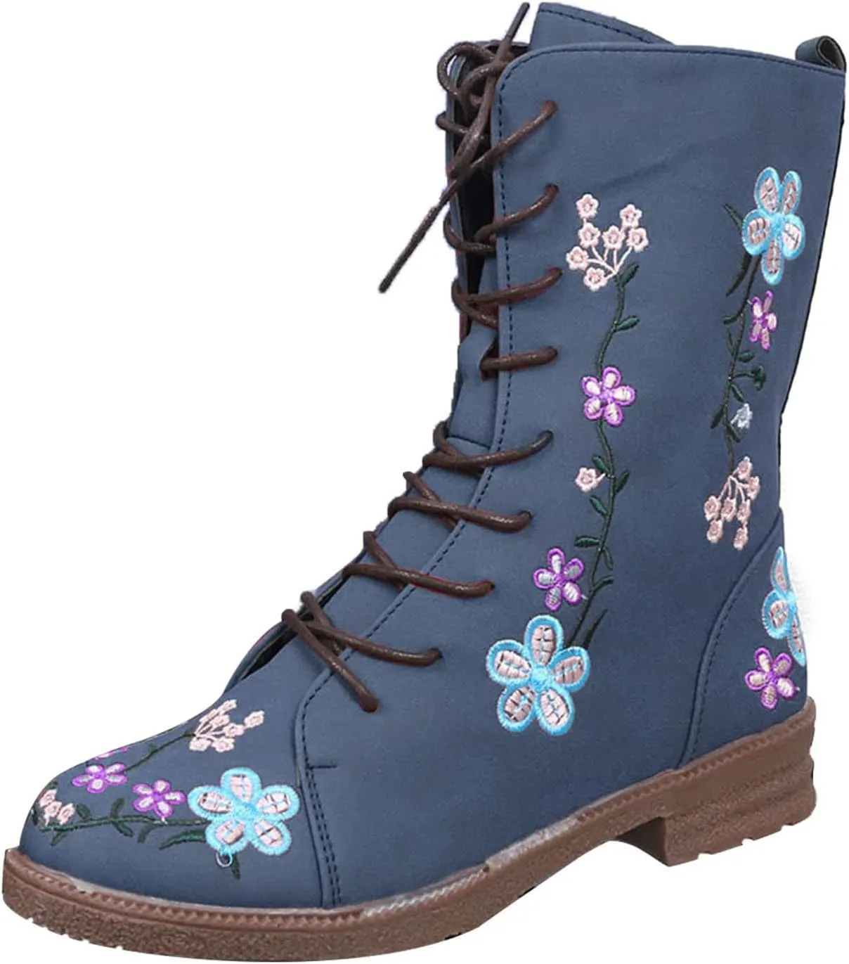 Combat Boots for Women Vintage Flower Design Lace Up Booties Leather Round Toe Side Zip-up Ankle Boots