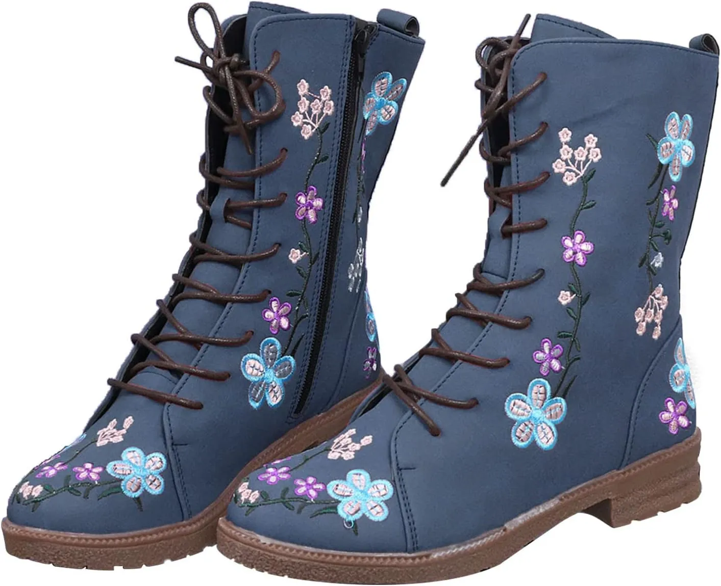 Combat Boots for Women Vintage Flower Design Lace Up Booties Leather Round Toe Side Zip-up Ankle Boots
