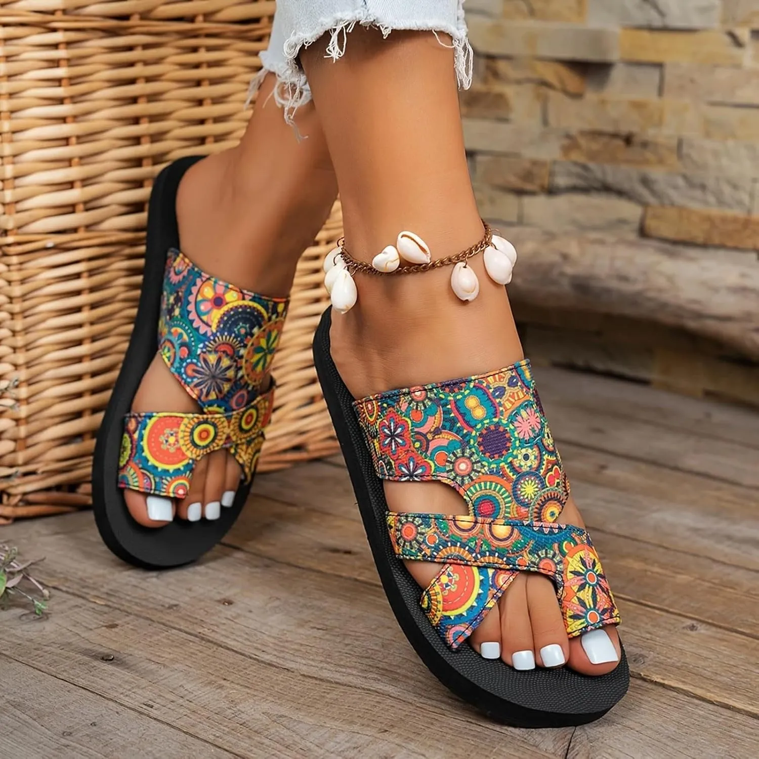 Comfortable Slip On Slide Sandals Thick Soled Hollow Women's Shoes Fashionable And Casual Toe Covered Floral Beach
