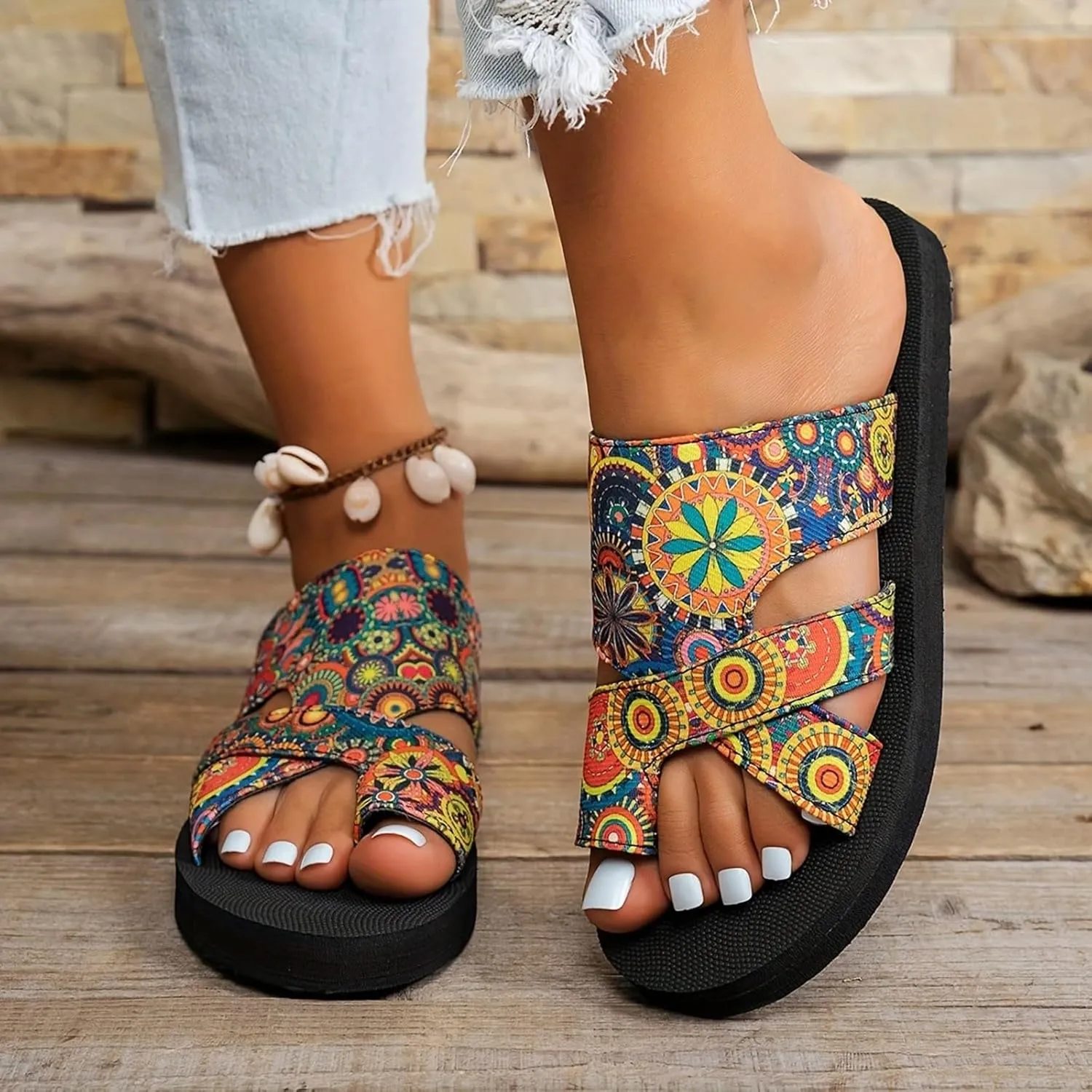 Comfortable Slip On Slide Sandals Thick Soled Hollow Women's Shoes Fashionable And Casual Toe Covered Floral Beach