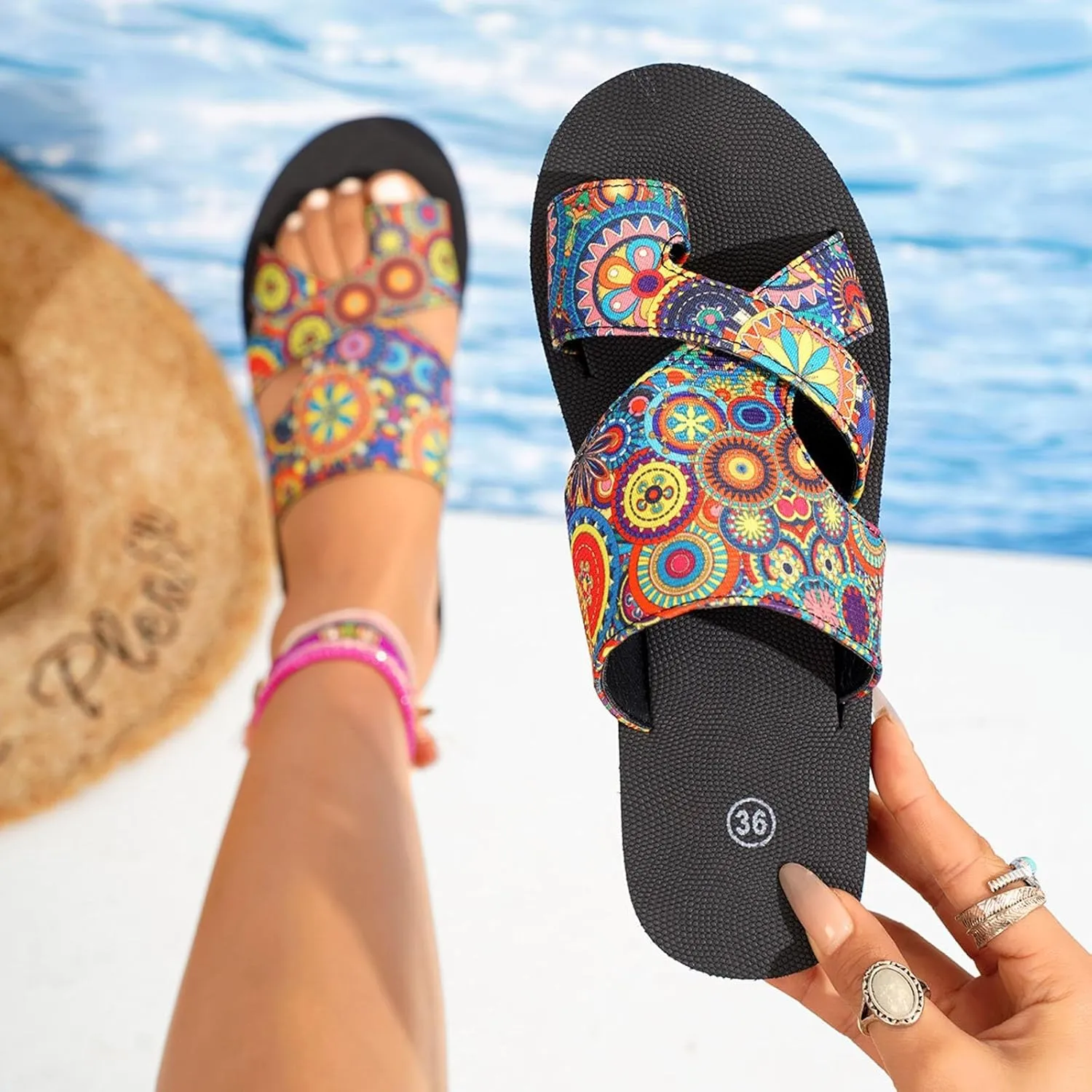 Comfortable Slip On Slide Sandals Thick Soled Hollow Women's Shoes Fashionable And Casual Toe Covered Floral Beach