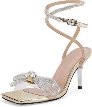 Coutgo Womens Rhinestone Bow Heels Sandals Strappy Lace Up Stiletto Satin Pumps Wedding Dress Shoes