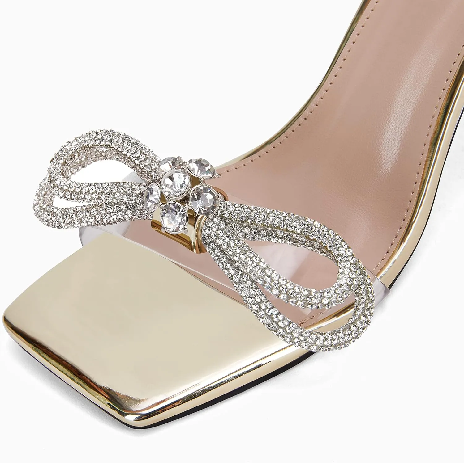 Coutgo Womens Rhinestone Bow Heels Sandals Strappy Lace Up Stiletto Satin Pumps Wedding Dress Shoes