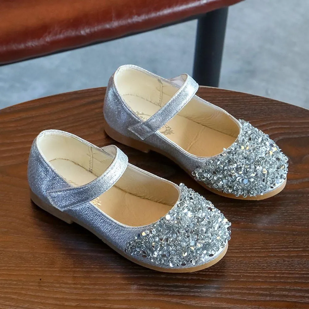 Elegant Splicing Sequin Solid Shoes for Baby Girl Hook and Loop Faux PU Sandals Rubber Sole Party Summer Fall Flat