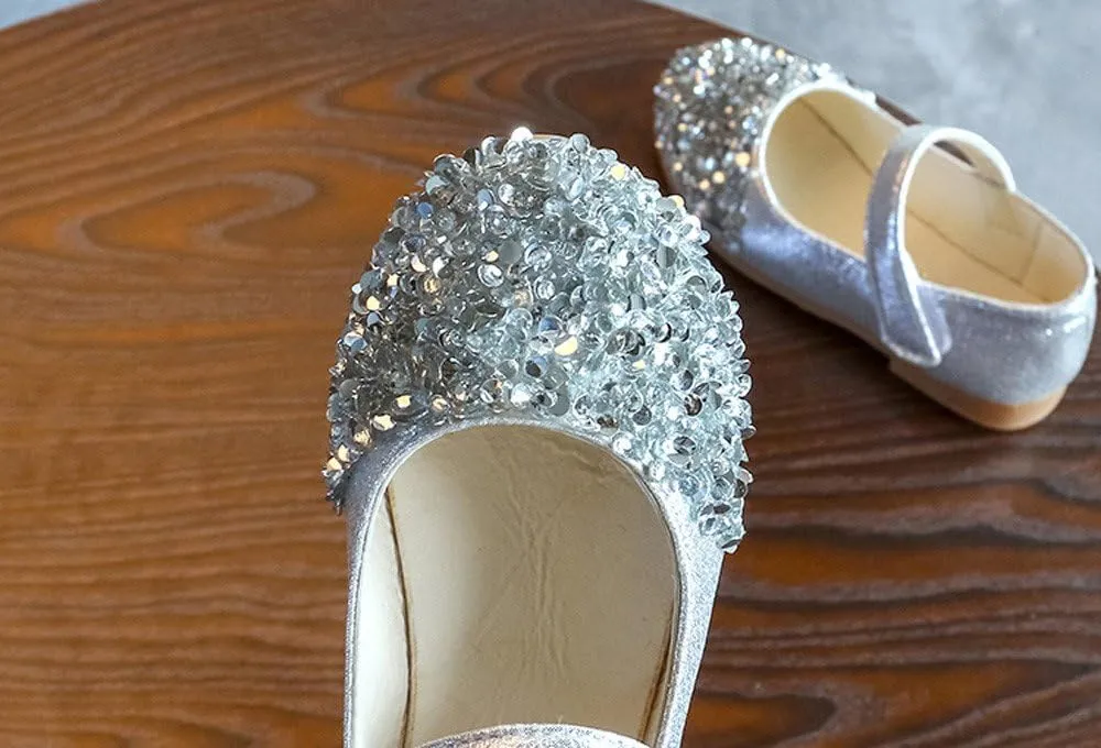 Elegant Splicing Sequin Solid Shoes for Baby Girl Hook and Loop Faux PU Sandals Rubber Sole Party Summer Fall Flat
