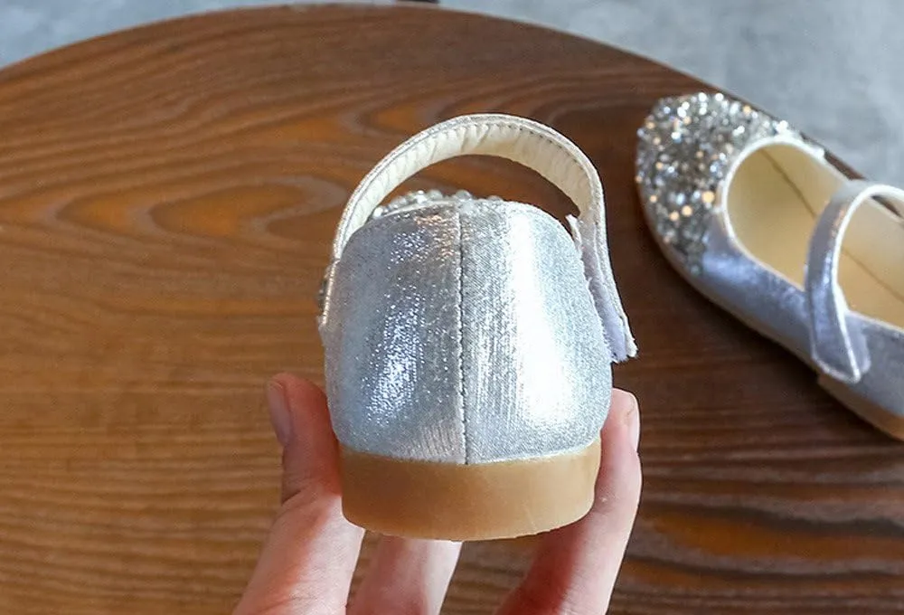 Elegant Splicing Sequin Solid Shoes for Baby Girl Hook and Loop Faux PU Sandals Rubber Sole Party Summer Fall Flat