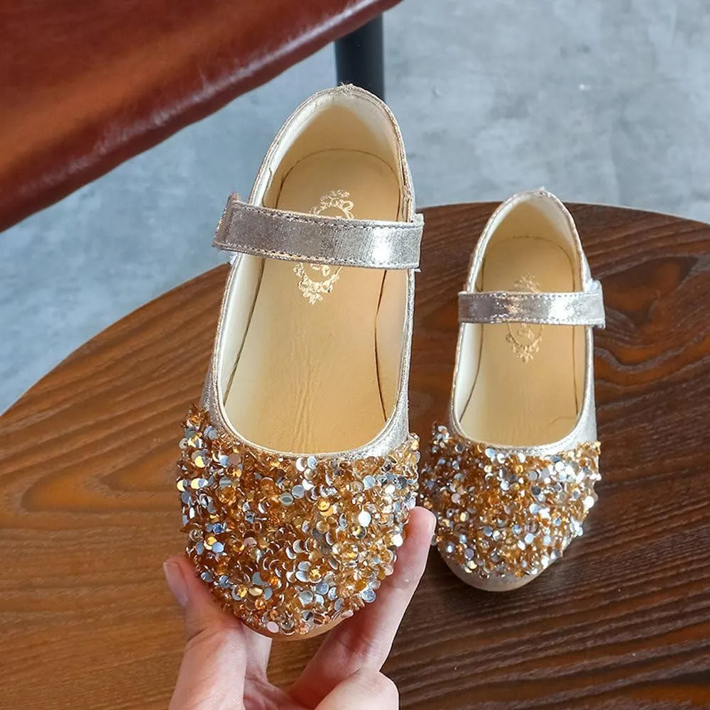 Elegant Splicing Sequin Solid Shoes for Baby Girl Hook and Loop Faux PU Sandals Rubber Sole Party Summer Fall Flat