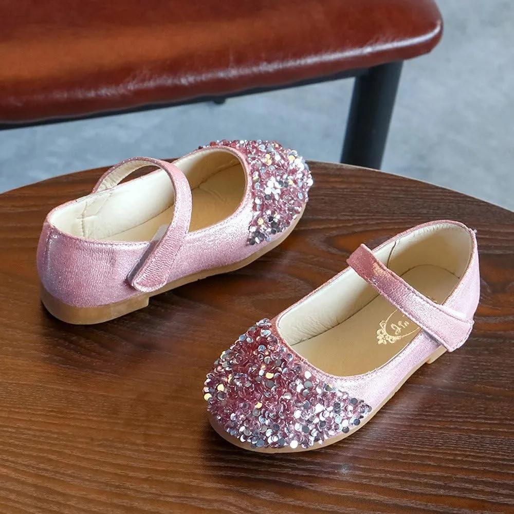 Elegant Splicing Sequin Solid Shoes for Baby Girl Hook and Loop Faux PU Sandals Rubber Sole Party Summer Fall Flat