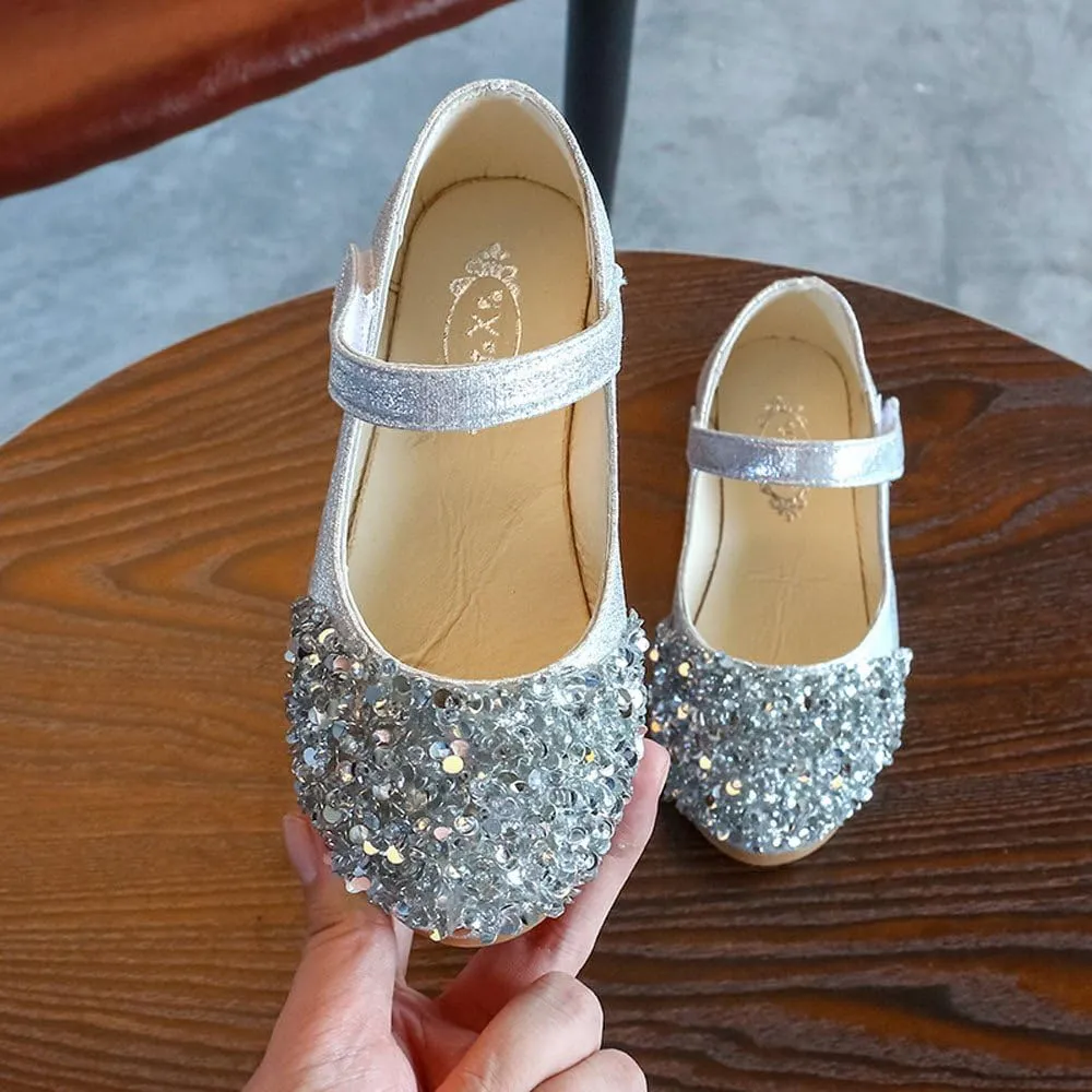 Elegant Splicing Sequin Solid Shoes for Baby Girl Hook and Loop Faux PU Sandals Rubber Sole Party Summer Fall Flat