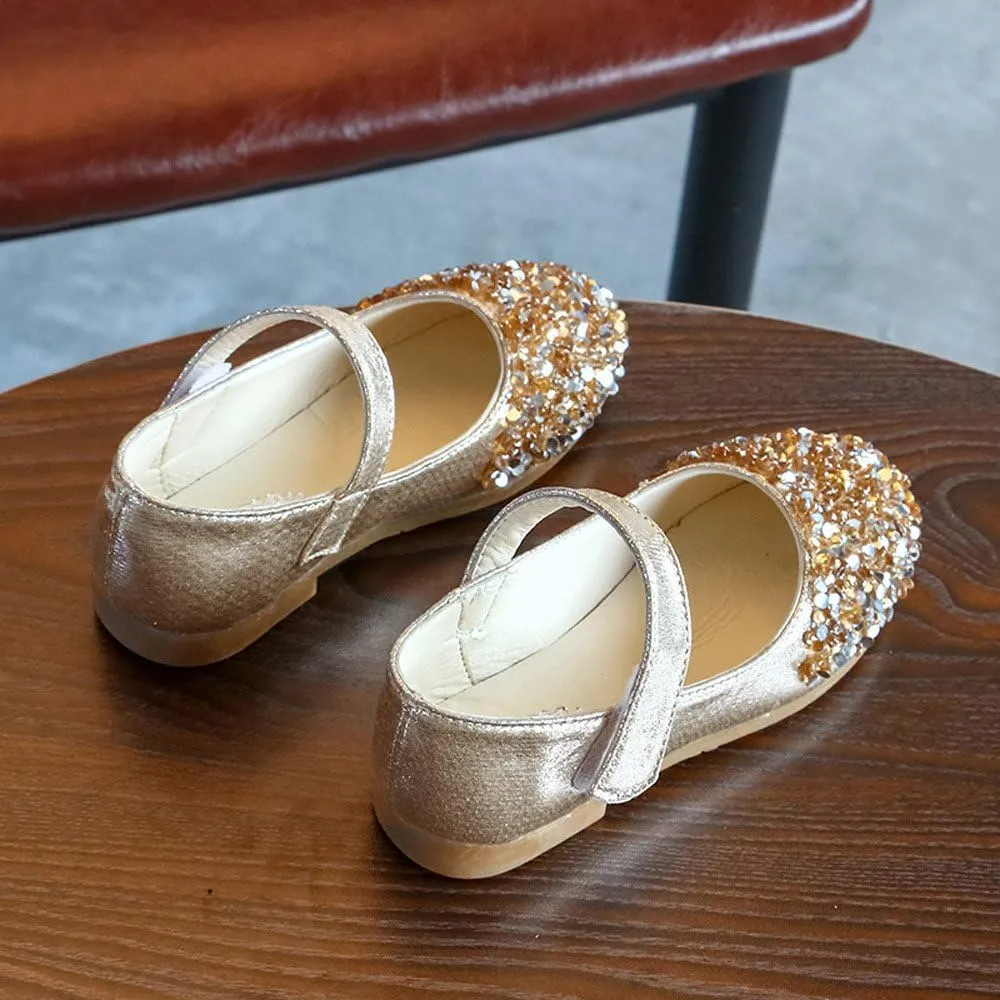 Elegant Splicing Sequin Solid Shoes for Baby Girl Hook and Loop Faux PU Sandals Rubber Sole Party Summer Fall Flat