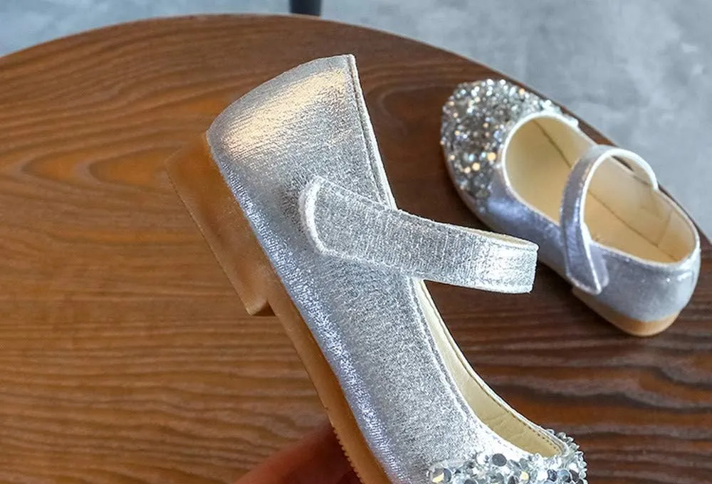 Elegant Splicing Sequin Solid Shoes for Baby Girl Hook and Loop Faux PU Sandals Rubber Sole Party Summer Fall Flat