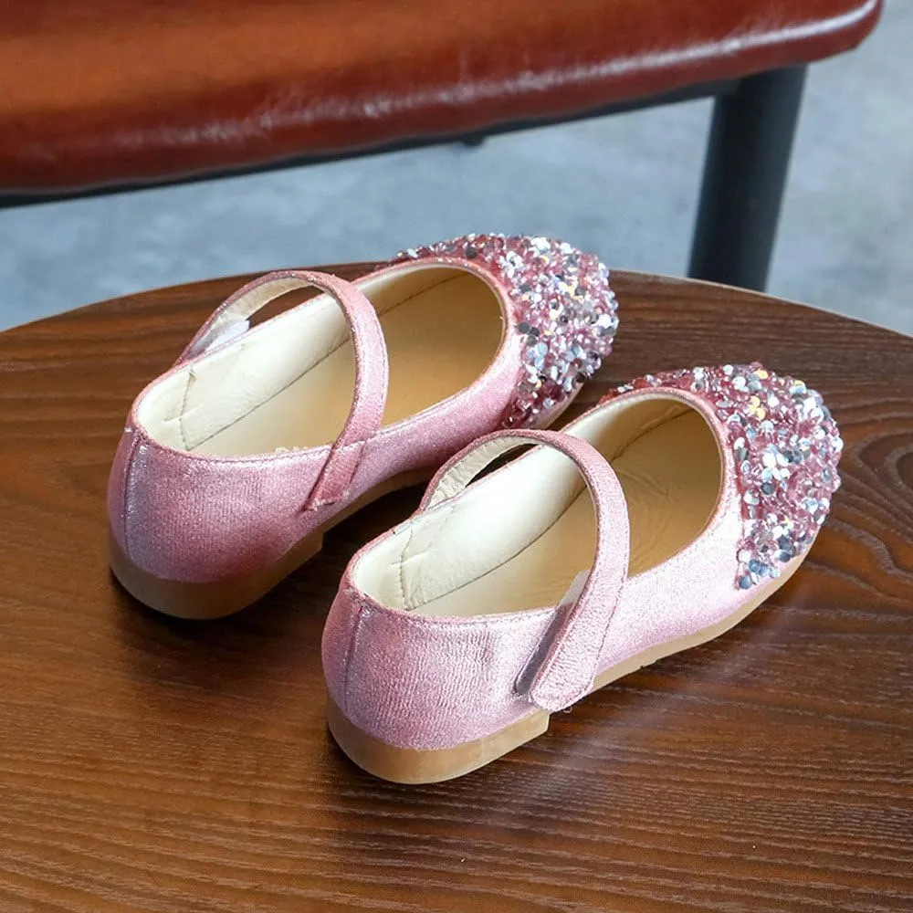 Elegant Splicing Sequin Solid Shoes for Baby Girl Hook and Loop Faux PU Sandals Rubber Sole Party Summer Fall Flat