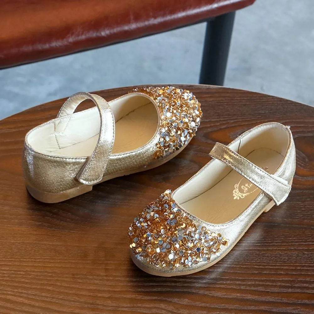 Elegant Splicing Sequin Solid Shoes for Baby Girl Hook and Loop Faux PU Sandals Rubber Sole Party Summer Fall Flat