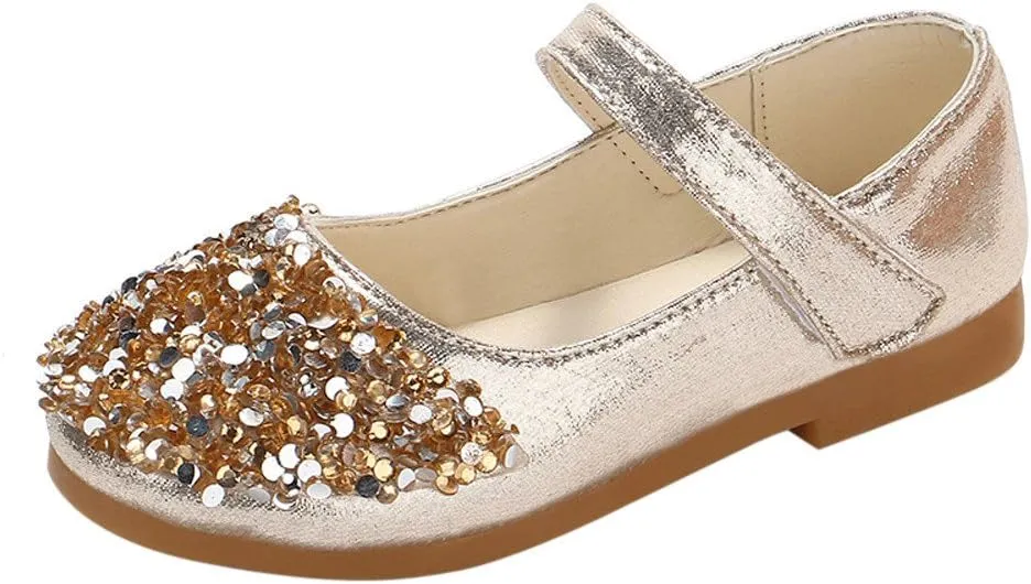Elegant Splicing Sequin Solid Shoes for Baby Girl Hook and Loop Faux PU Sandals Rubber Sole Party Summer Fall Flat