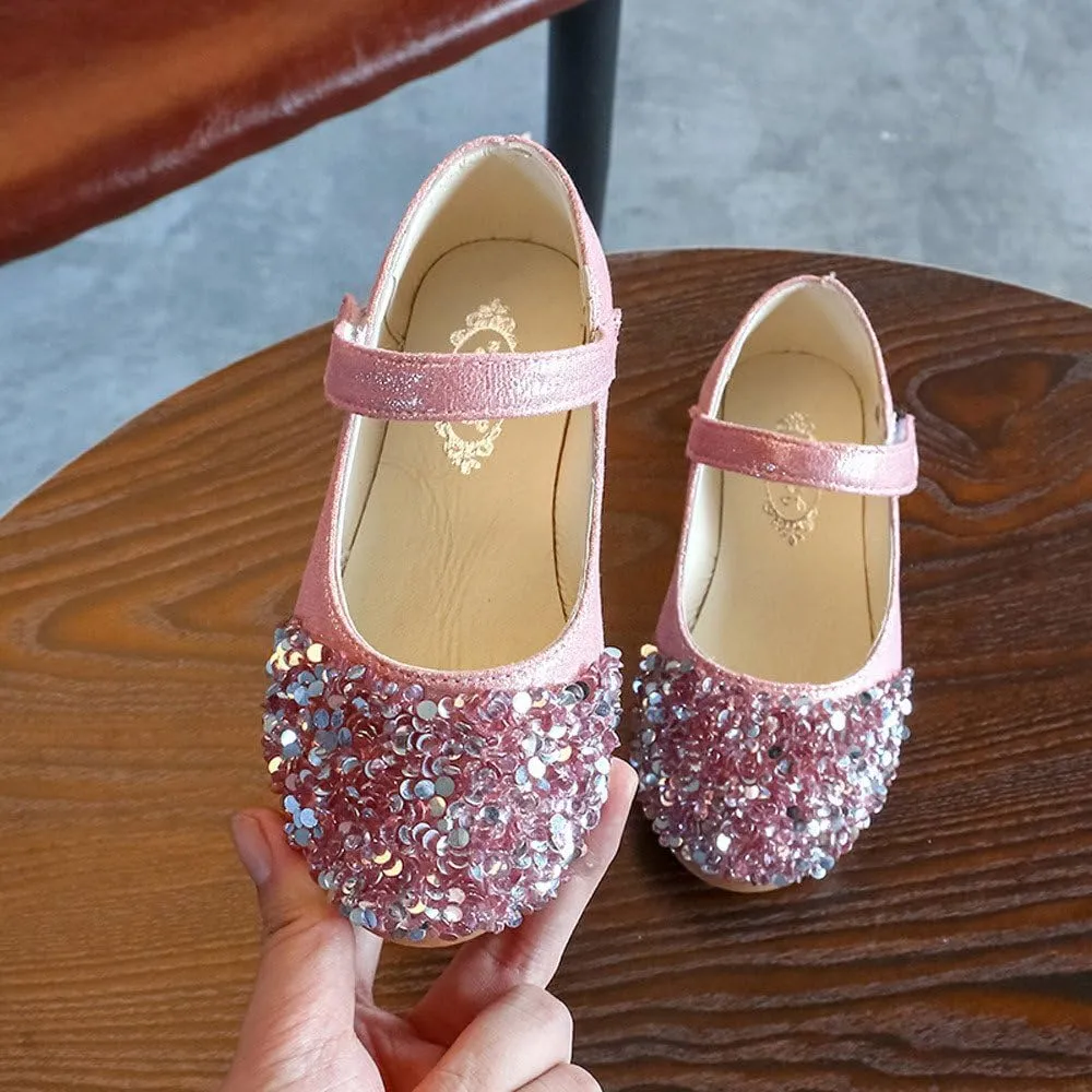 Elegant Splicing Sequin Solid Shoes for Baby Girl Hook and Loop Faux PU Sandals Rubber Sole Party Summer Fall Flat