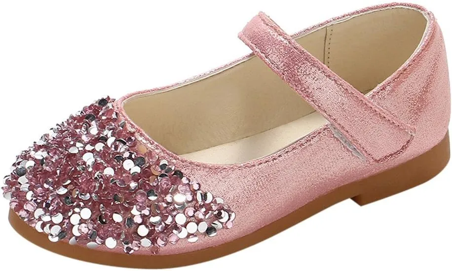 Elegant Splicing Sequin Solid Shoes for Baby Girl Hook and Loop Faux PU Sandals Rubber Sole Party Summer Fall Flat