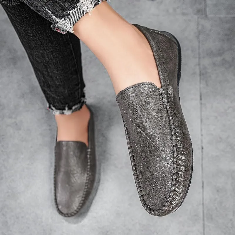 Fashion Loafers for Mens Vegan Leather Working Round Toe Solid Color Casual Heel Non Slip Anti-Slip Low Top Rubber Sole Shoe